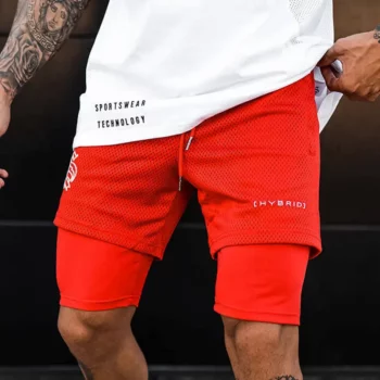 Шорти спортивні чоловічі двошарові HYBRID червоні